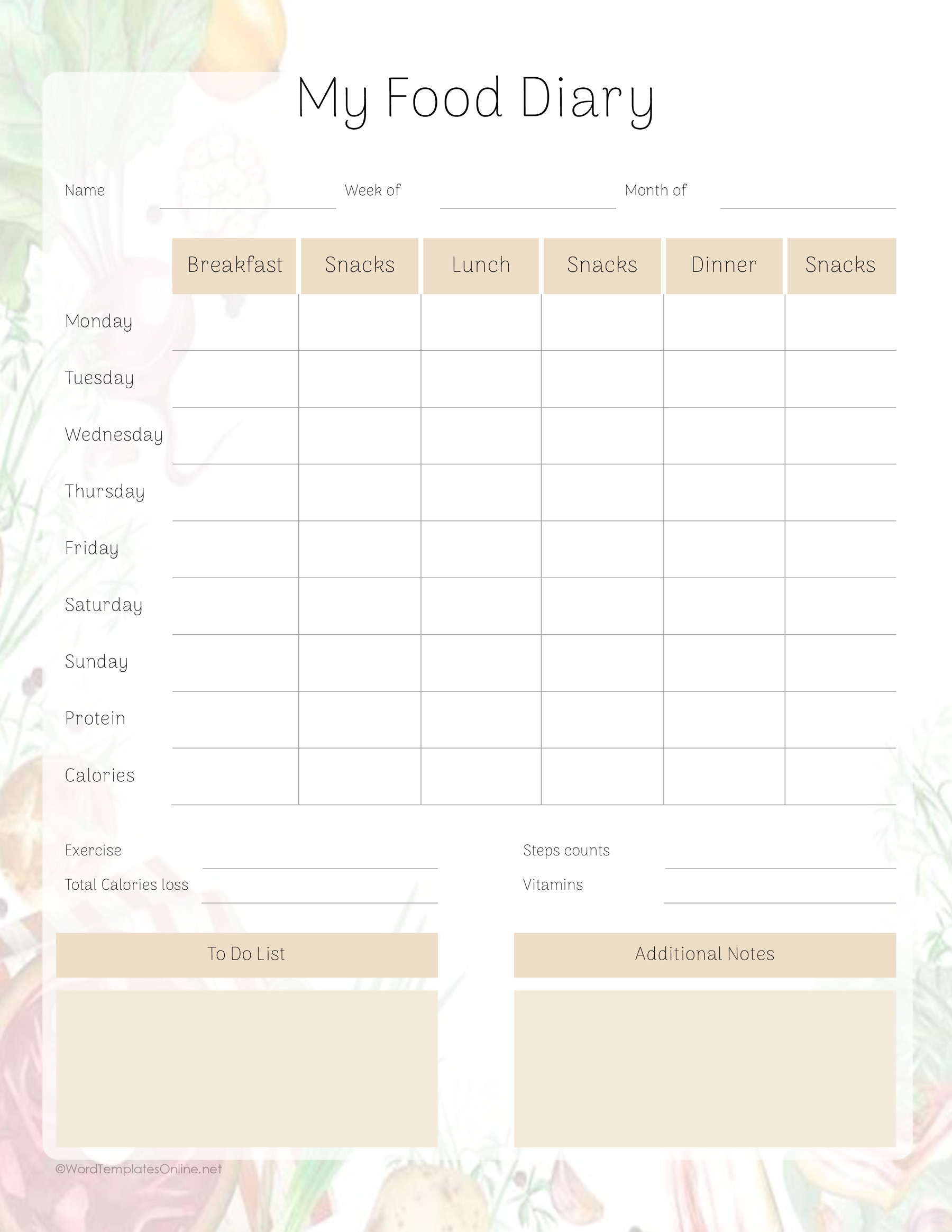 Personal Food Diary Template Editable Download