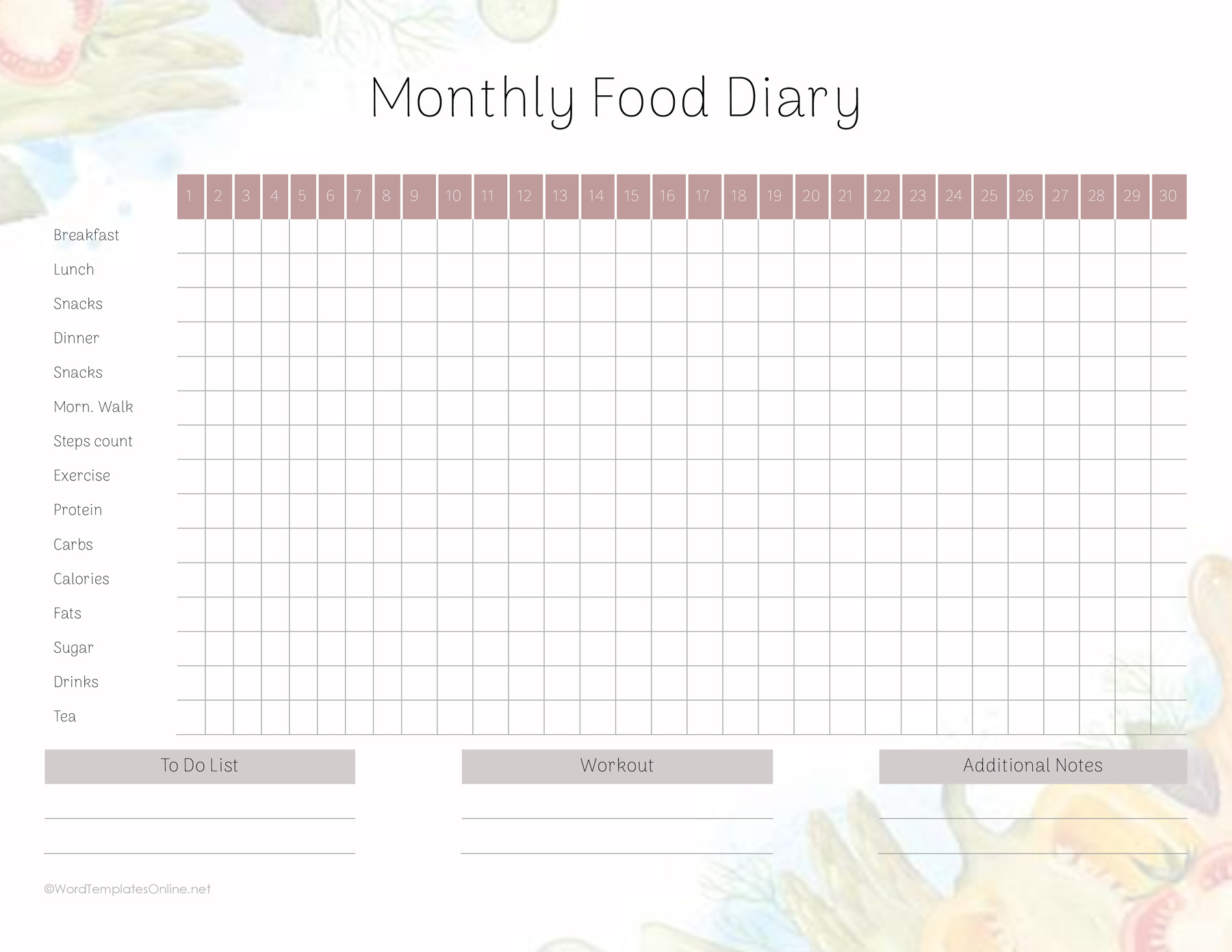 Monthly Food Diary Template Editable in Word