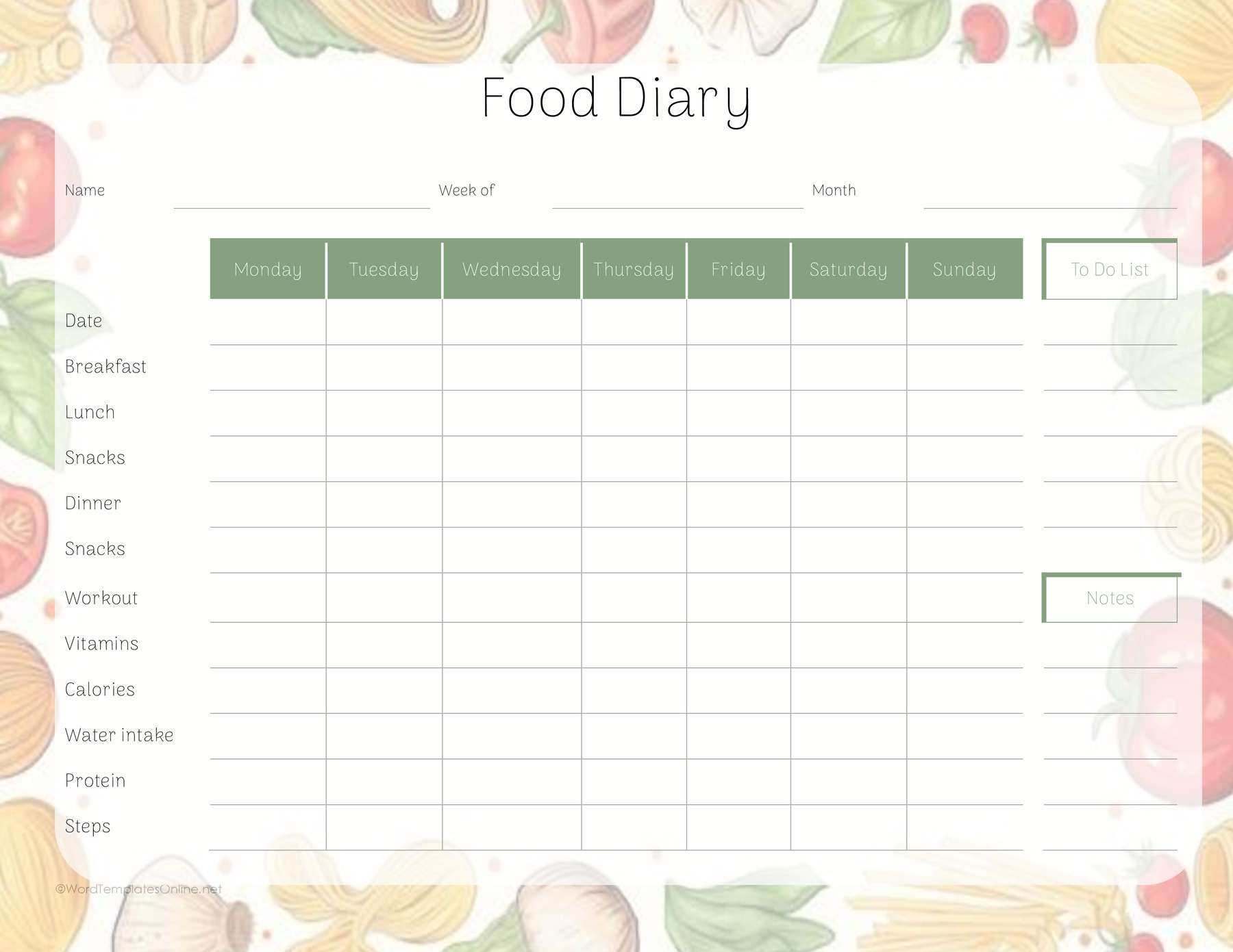 Professional Food Diary Template Free Download