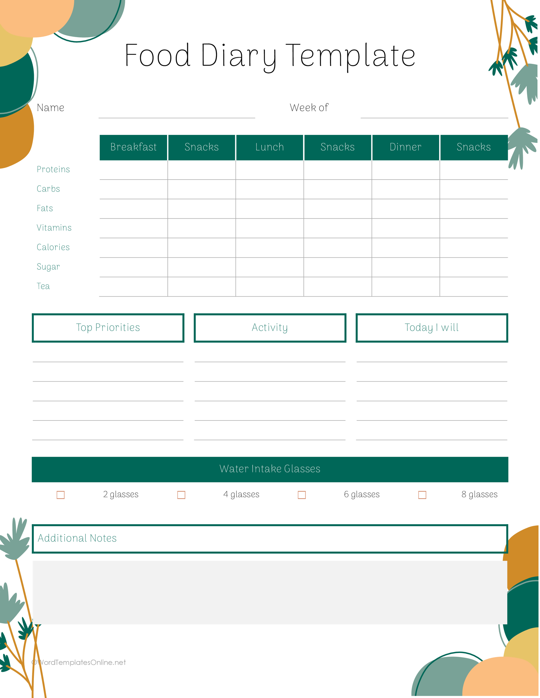 Daily Food Diary Template Editable in MS Word