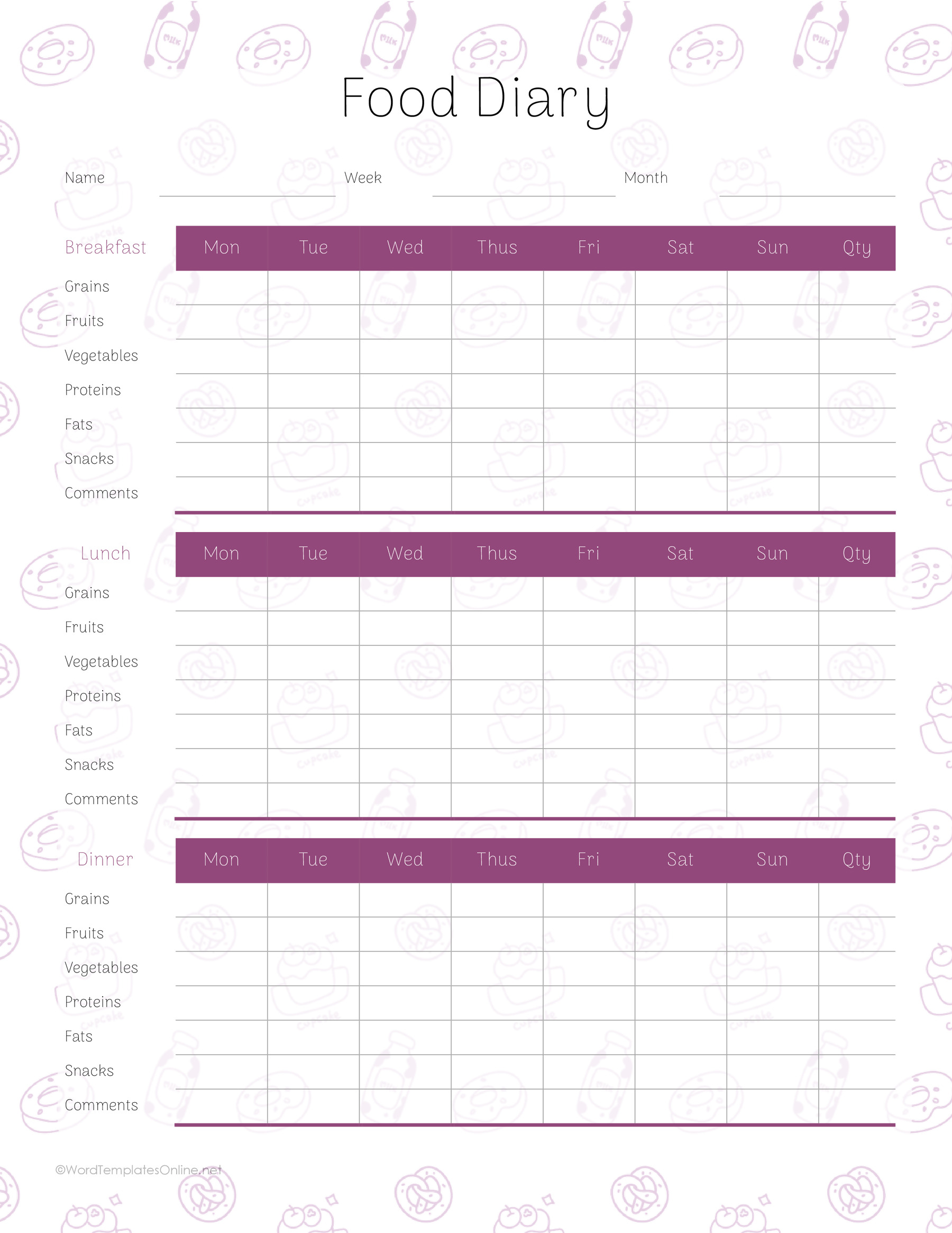 Food Diary Template MS Word Format