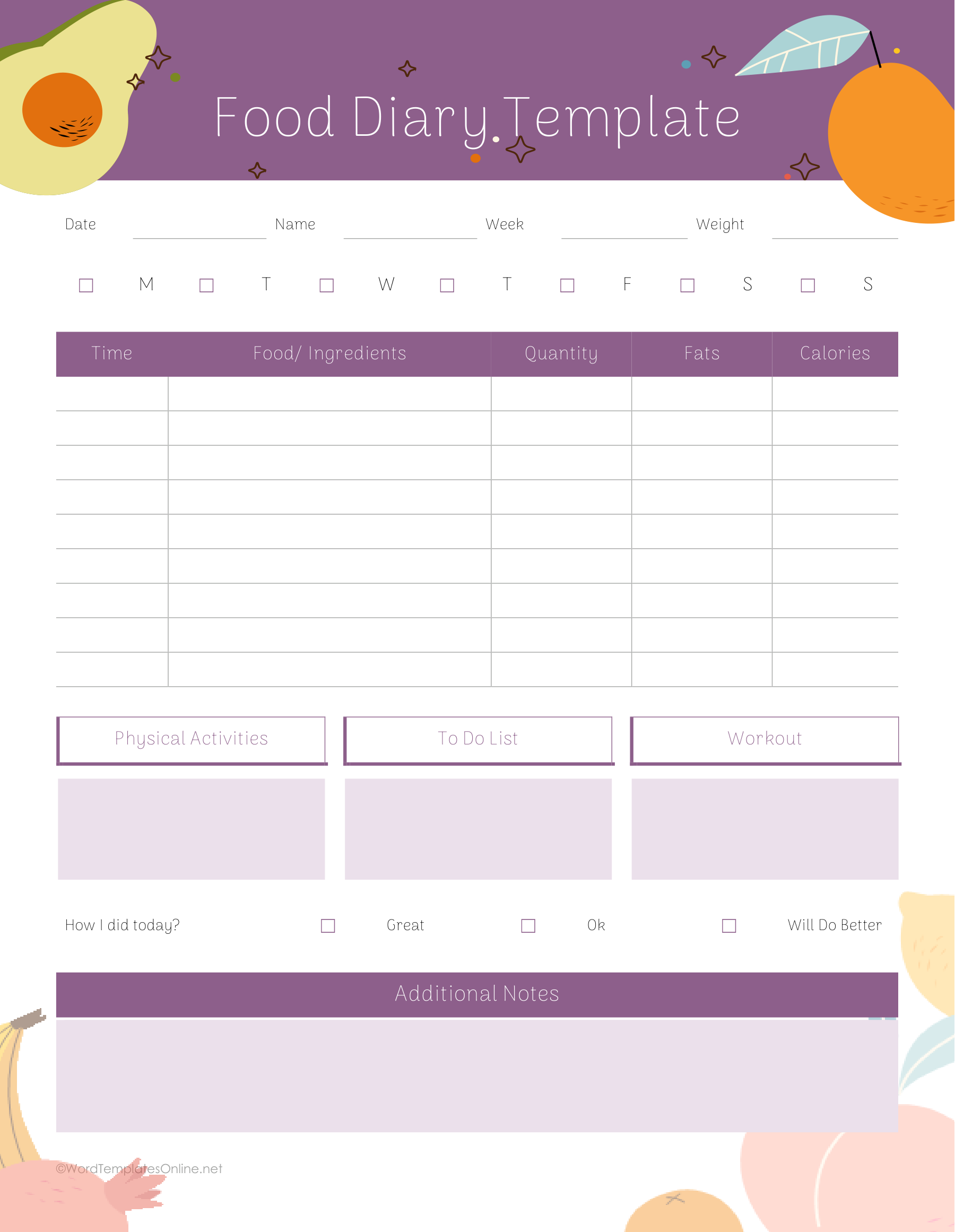 Editable Meal and Food Diary Template Word