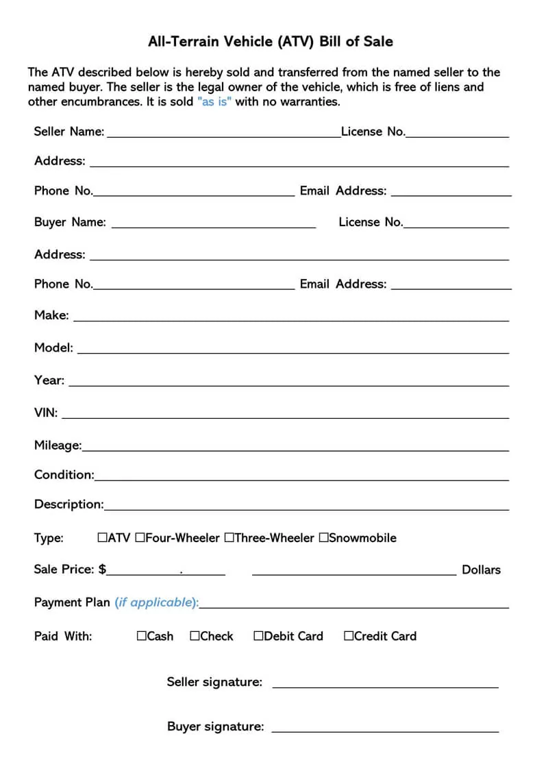 free all terrain vehicle atv bill of sale forms word pdf