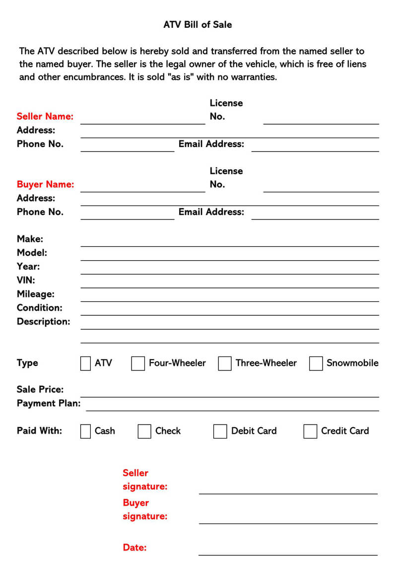 ATV Bill of Sale Form Example