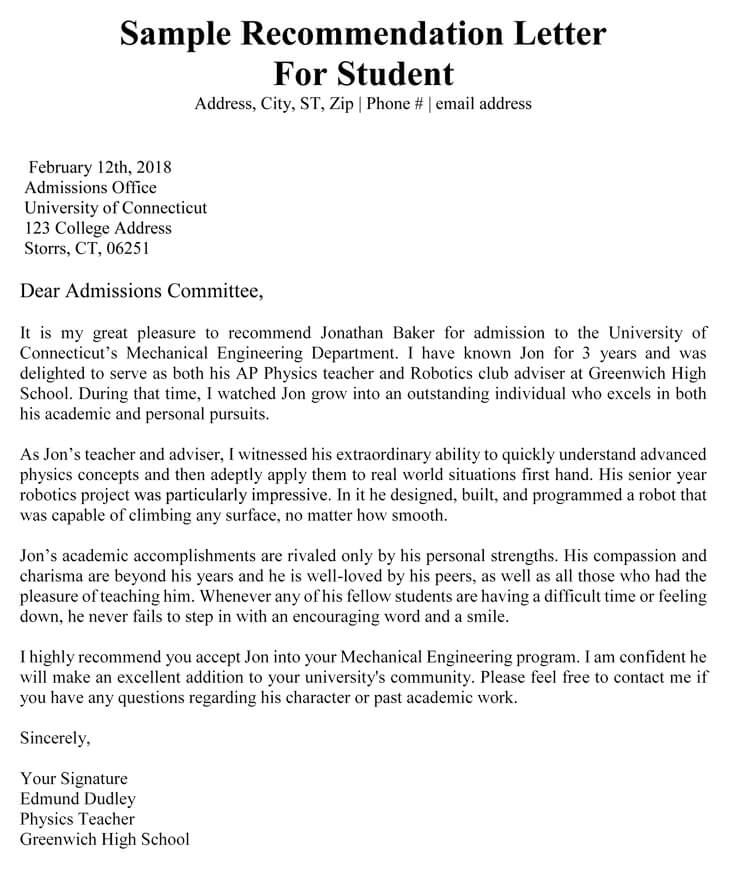 Reference Letter For Student Applying To College