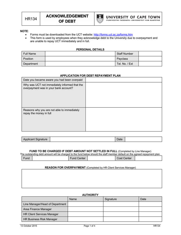 Editable acknowledgment of debt form template in Word 10
