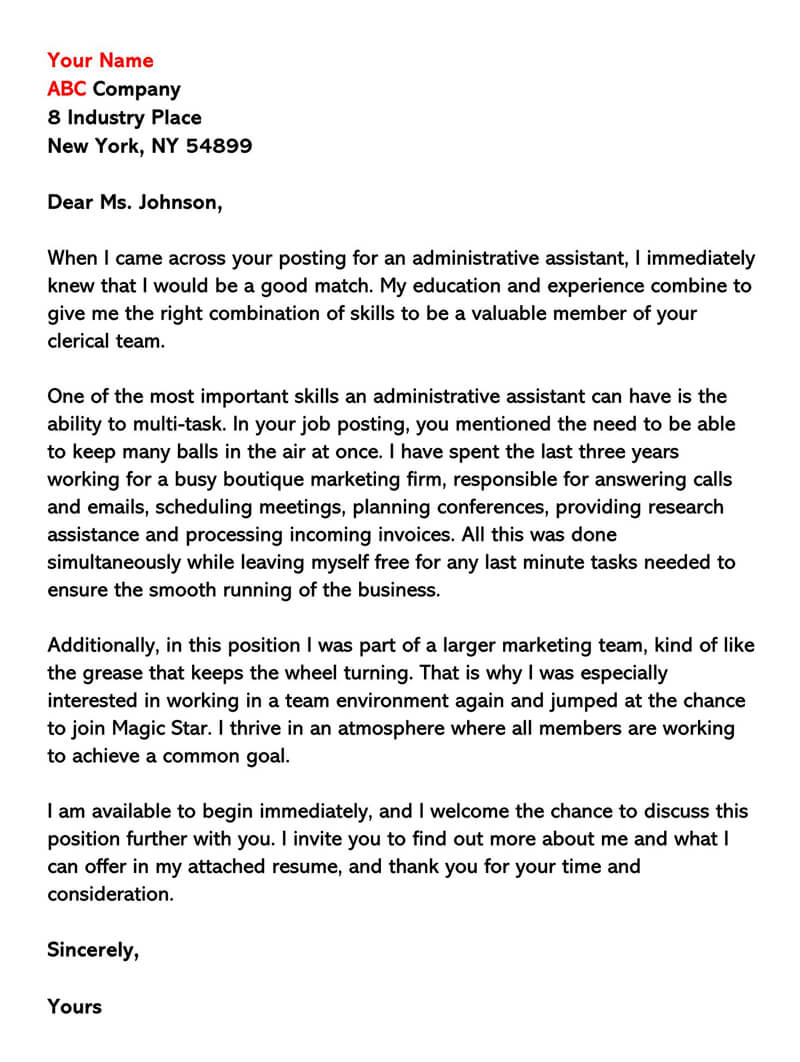 Administrative Clerical Cover Letter