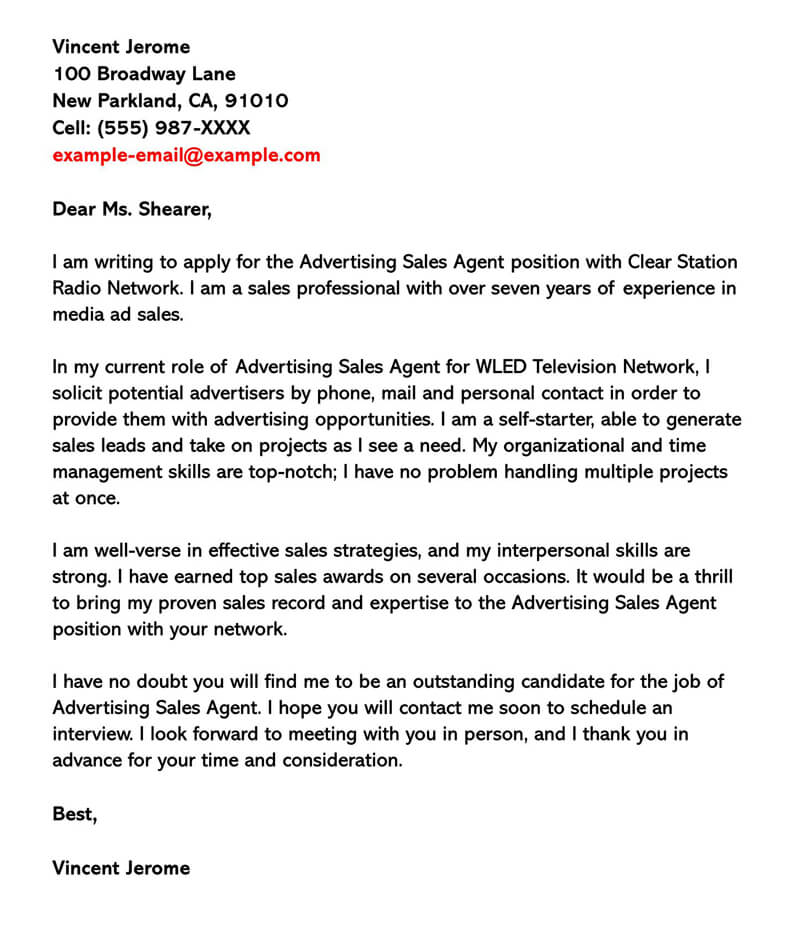 application letter for sales representative without experience