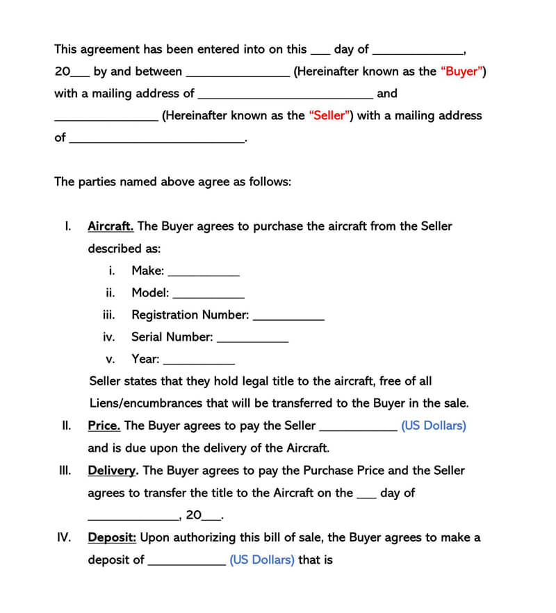 Free Aircraft Bill of Sale Form Template