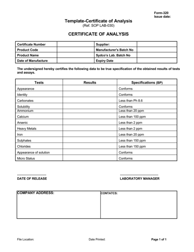 meaning of analysis certificate