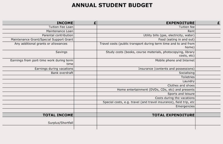 Annual Student Budget Template