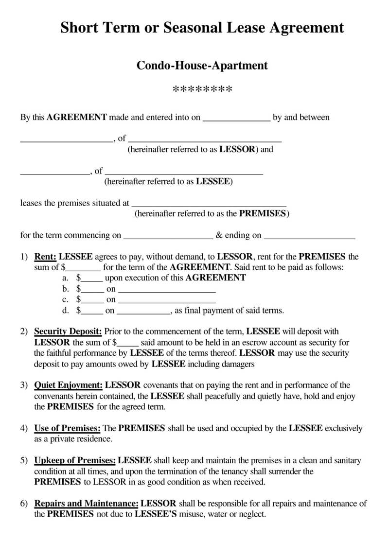 free short term vacation rental agreement templates word