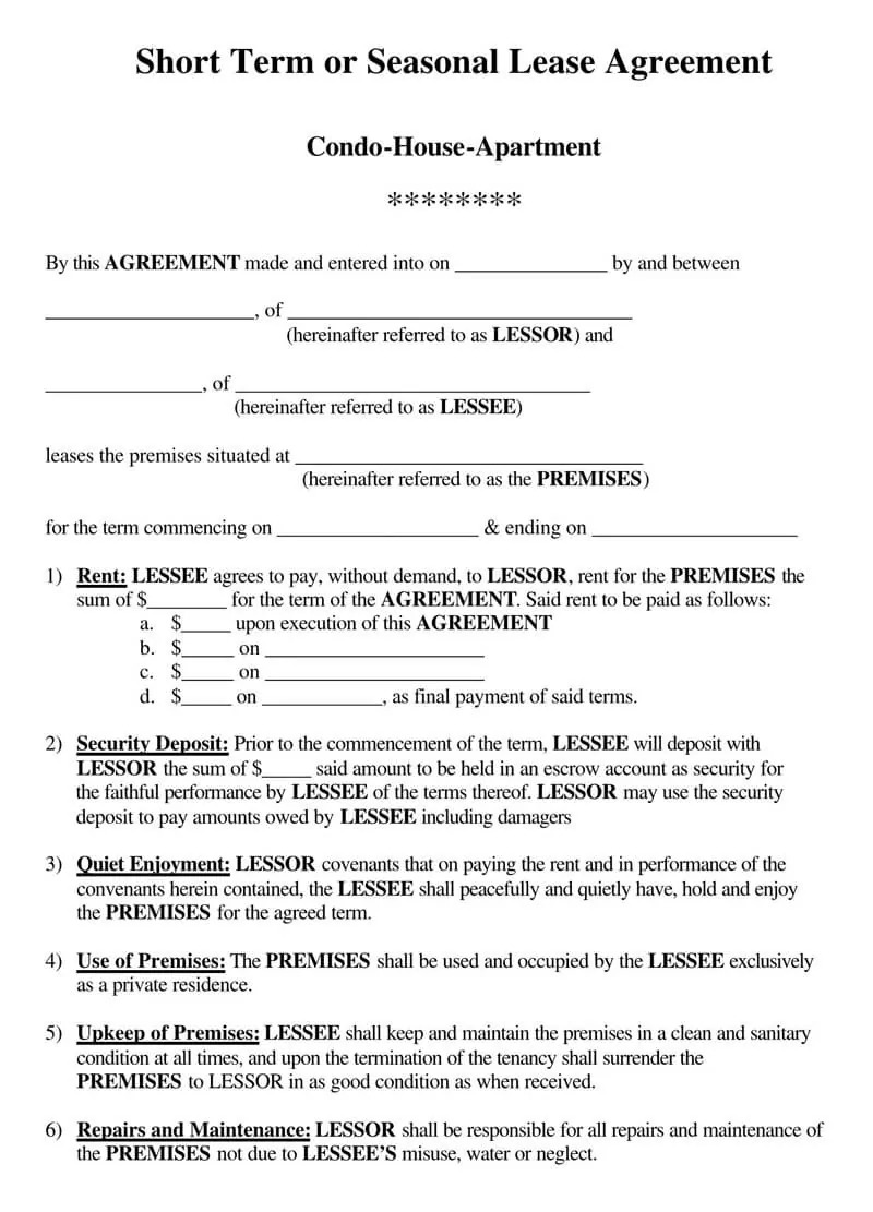 Free Short-Term Rental Lease Agreement Templates (Vacation Lease) Intended For fixed term tenancy agreement template