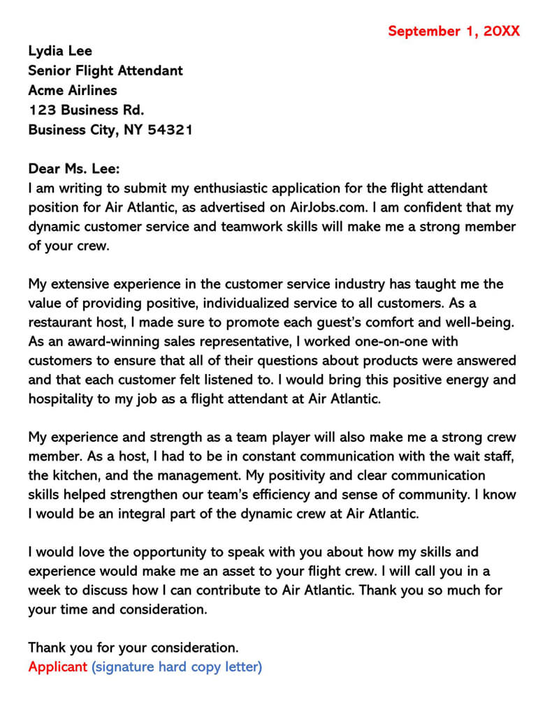 sample cover letter of flight attendant