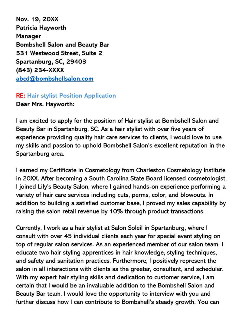 Cosmetology Cover Letter Example from www.wordtemplatesonline.net