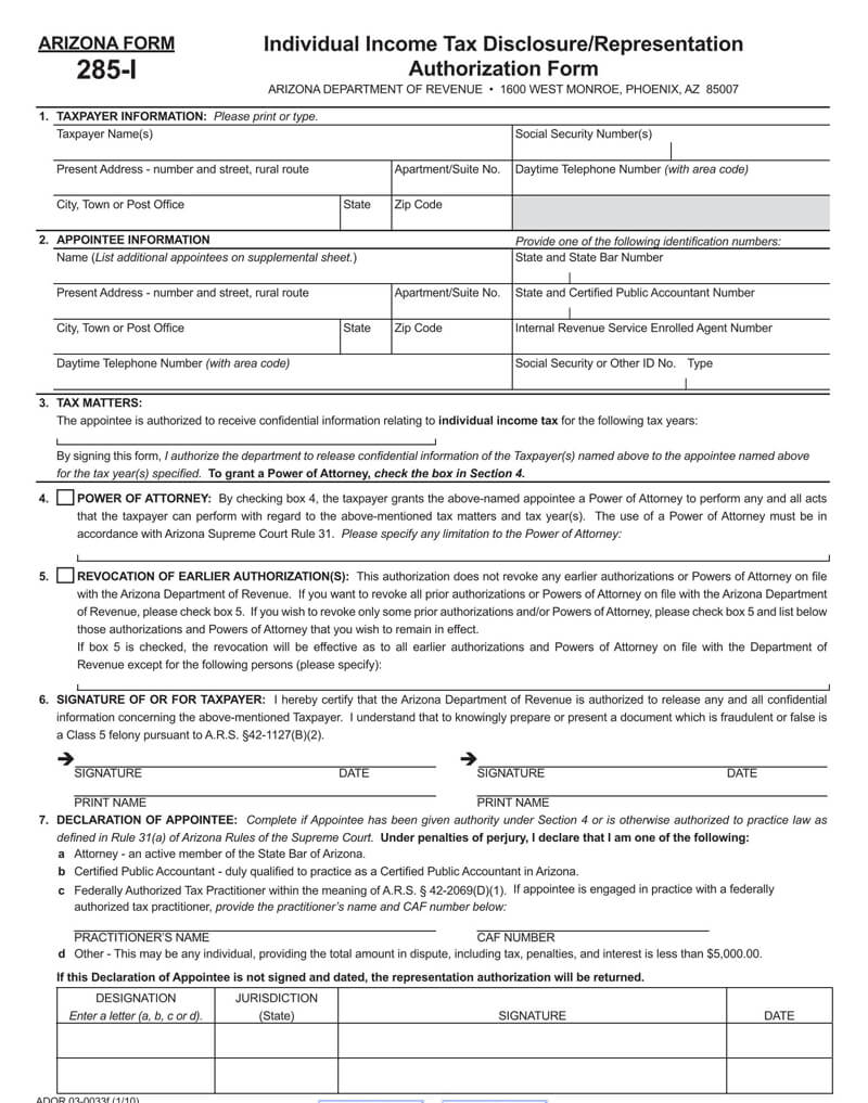 Arizona State Tax POA (Form 285-I)