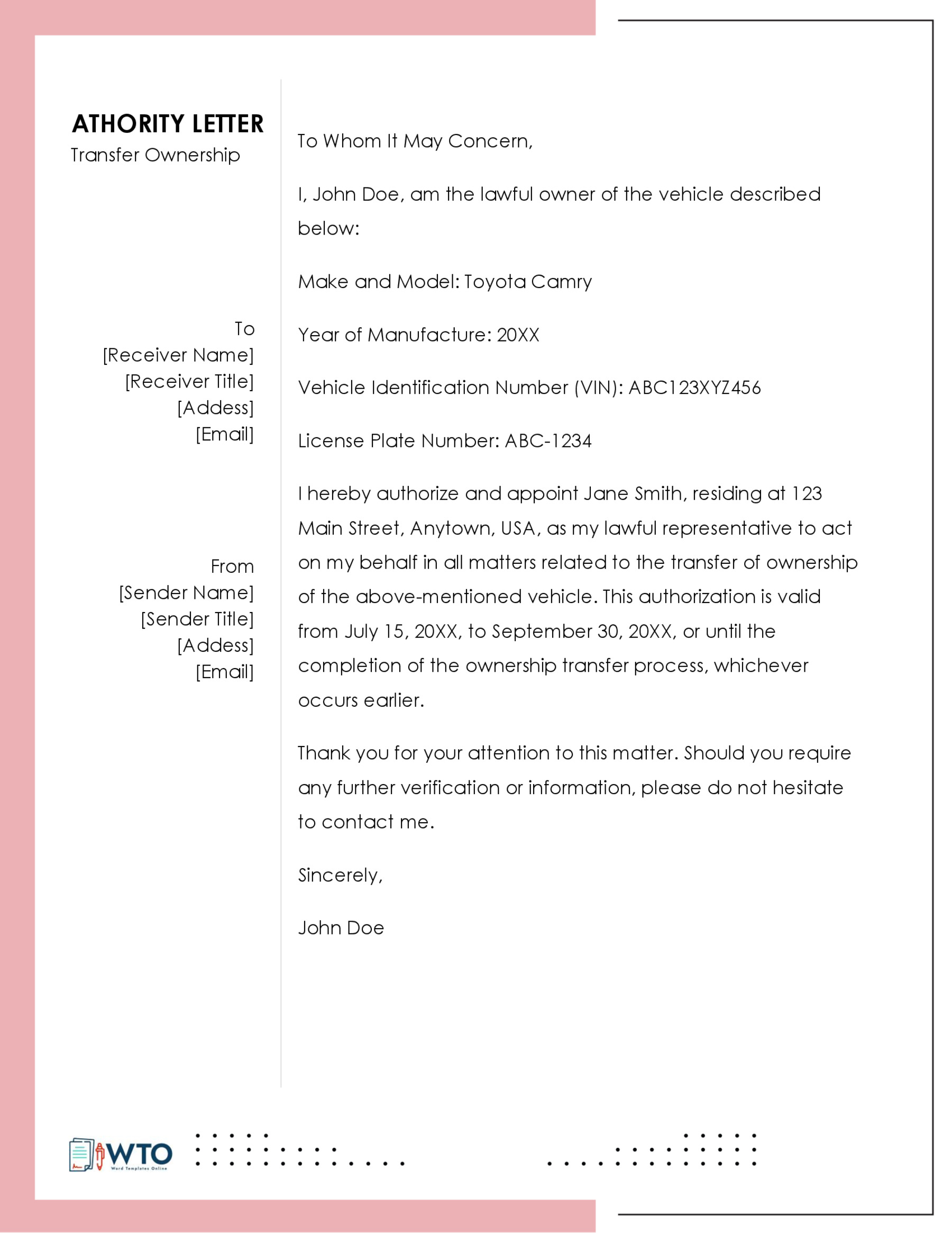 Authorization Letter Sample for transfer ownership