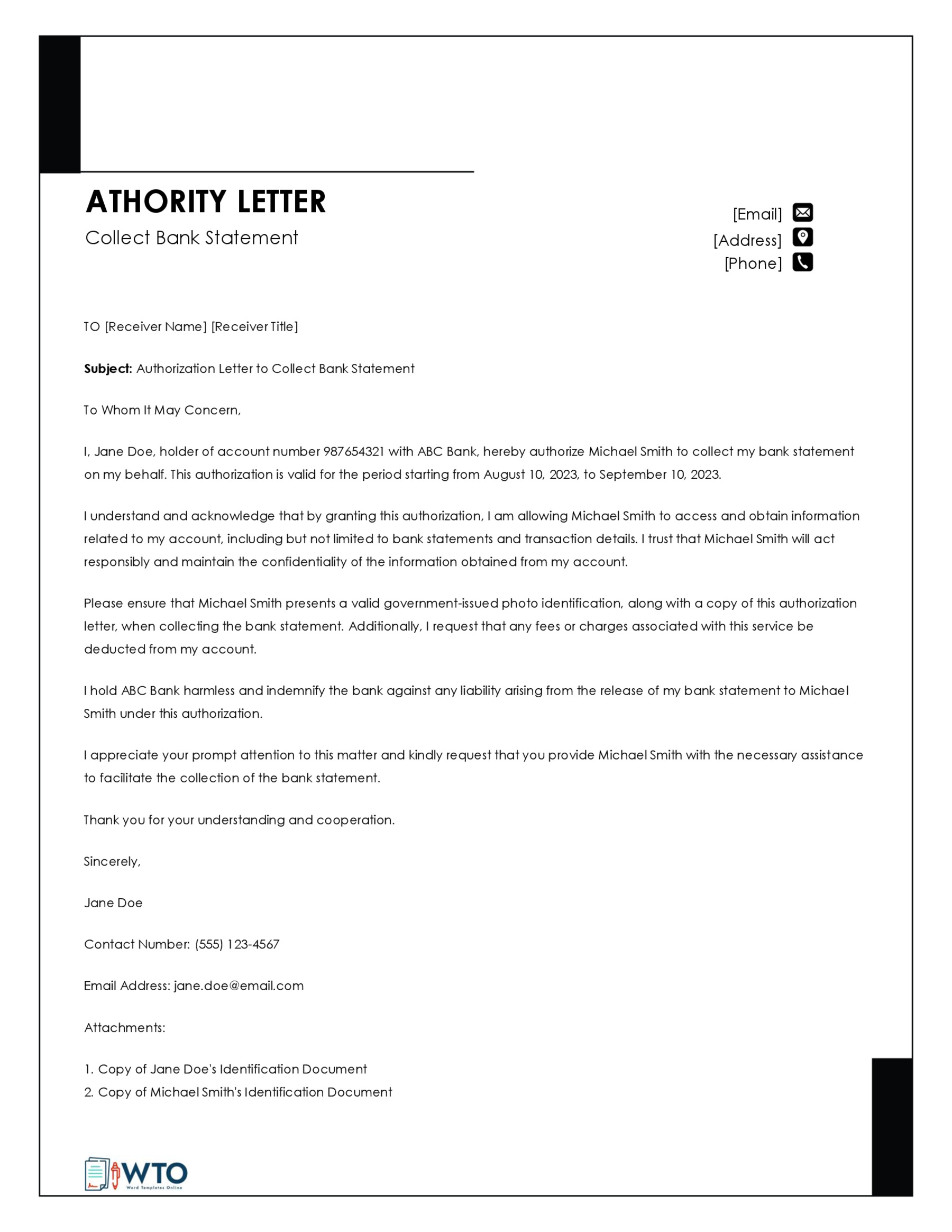 Authorization Letter Sample to Collect bank statement