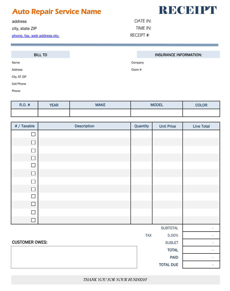 Auto Repair Work Order Template Excel Collection