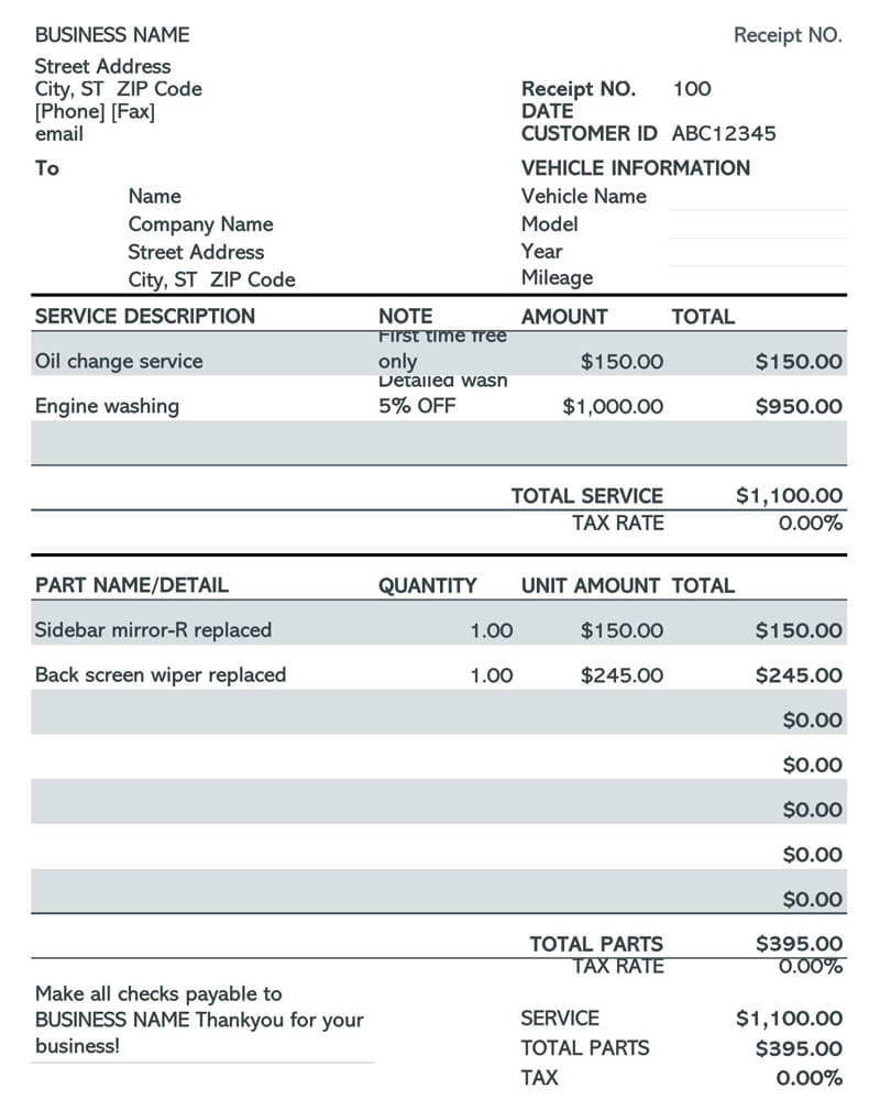 Mechanic Shop Invoice Templates