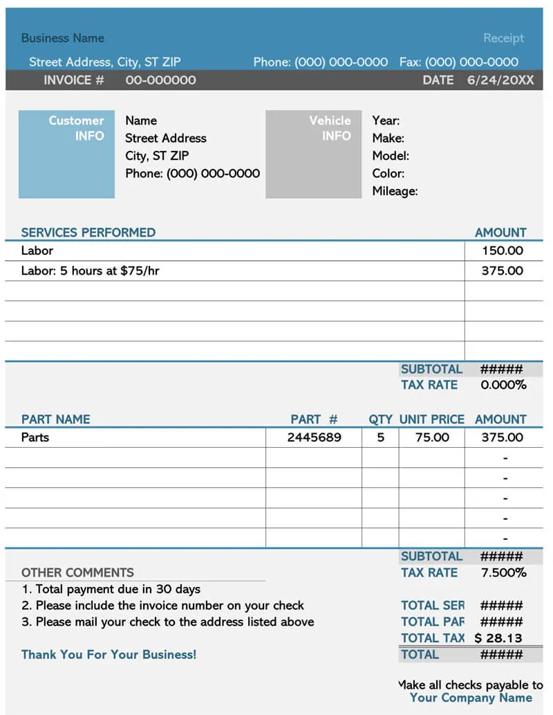 Free Car (Vehicle) Repair Receipt Templates (Word  PDF) Inside Mechanic Shop Invoice Templates