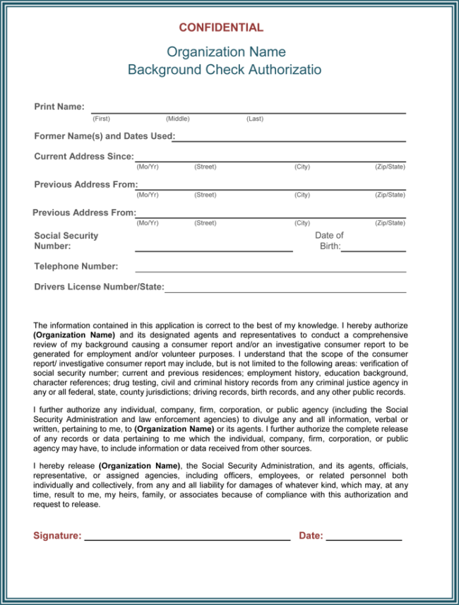 Background Check Authorization Form - 5 Printable Samples