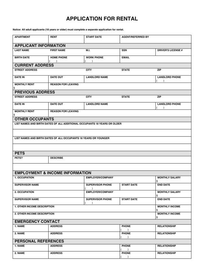 Blank Rental Application Forms Templates Word PDF 