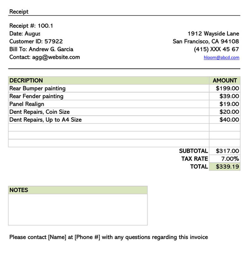 Editable Basic Service Receipt Spreadsheet