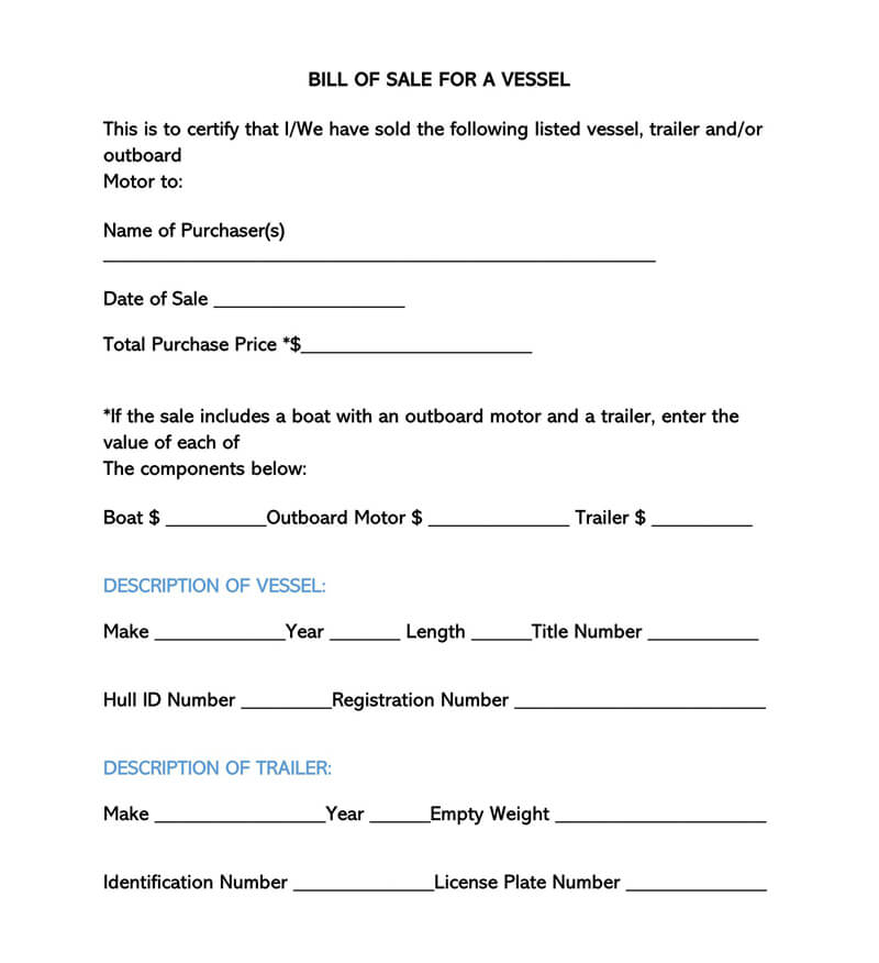 Boat Bill of Sale Form - Free Printable PDF Template