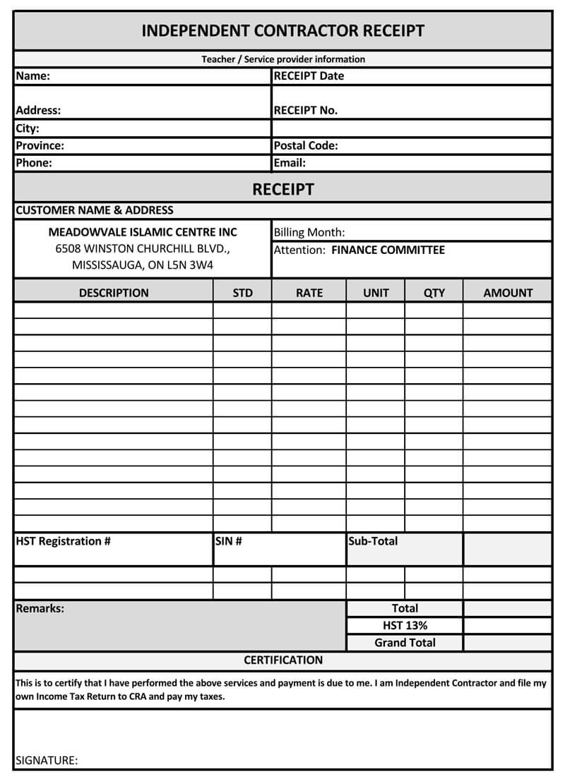Blank Contractor Receipt - Editable and Free