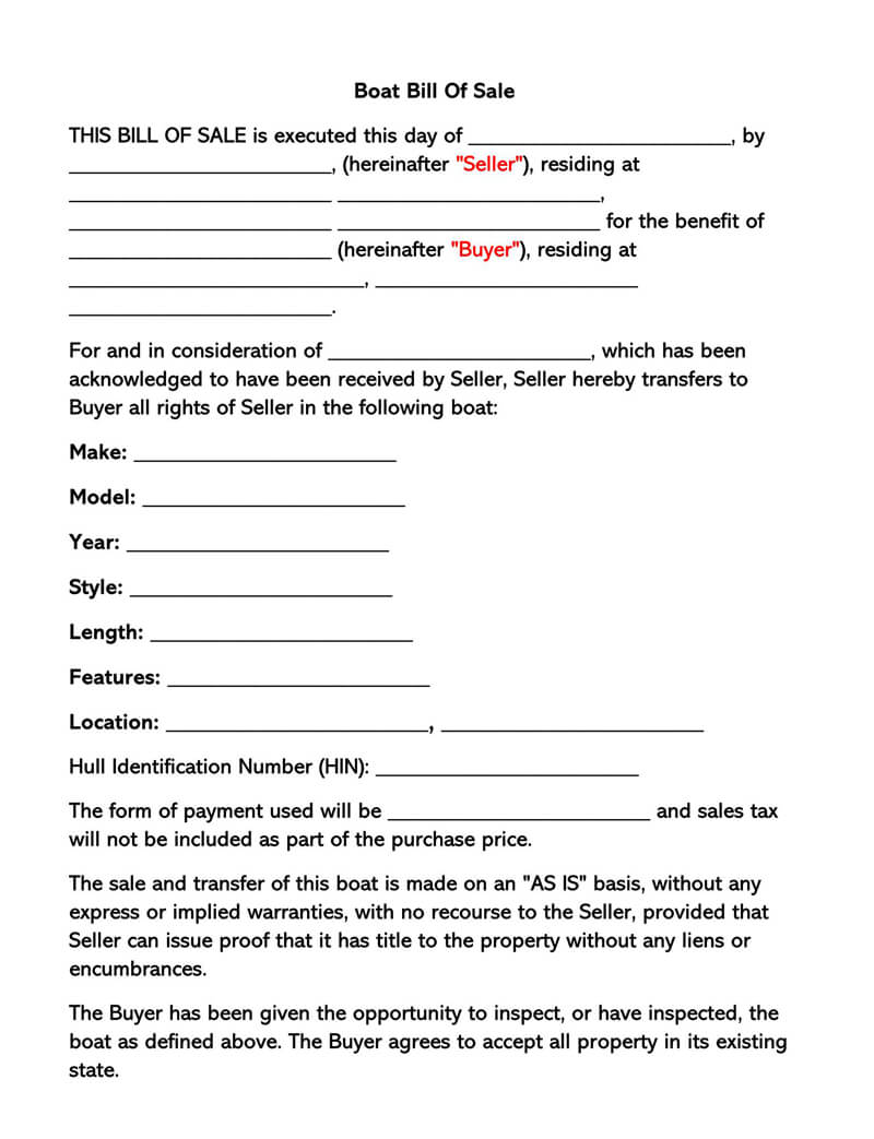 Printable Boat Bill of Sale Example - Free PDF Form