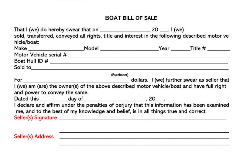 Free Boat Bill of Sale Example - Editable PDF Form