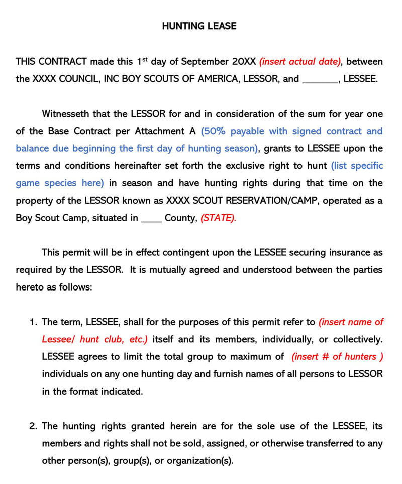 Free Hunting Lease Agreement Template 01 for Word