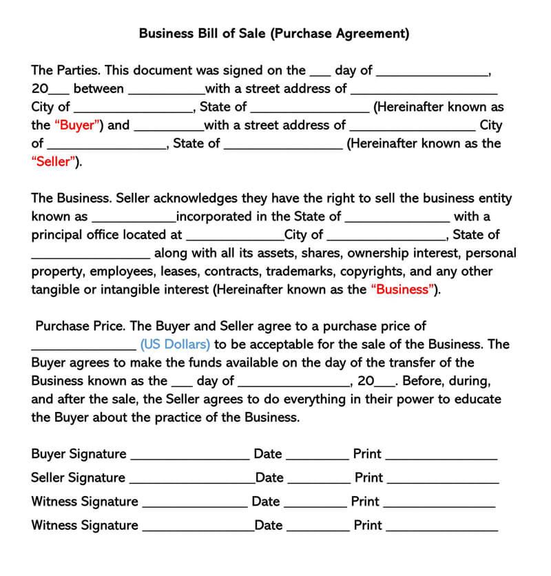 Business Bill of Sale Purchase Agreement