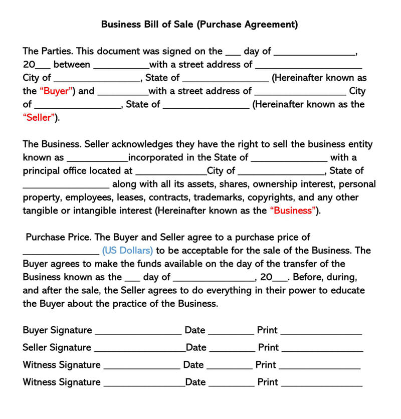 Free Editable Bill of Sale between Parties Agreement Template for Word File