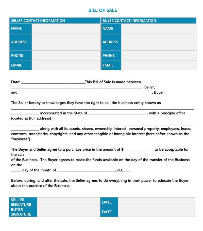Fee Business Bill of Sale Template