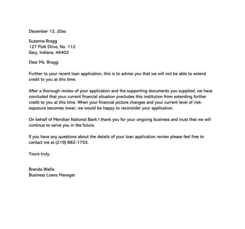 Formal Printable Business Loan Rejection Letter Sample 01 as Word Document