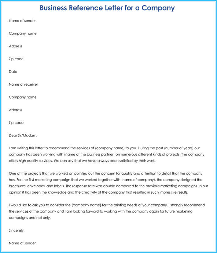 Sample of Business Reference Letter for a Company
