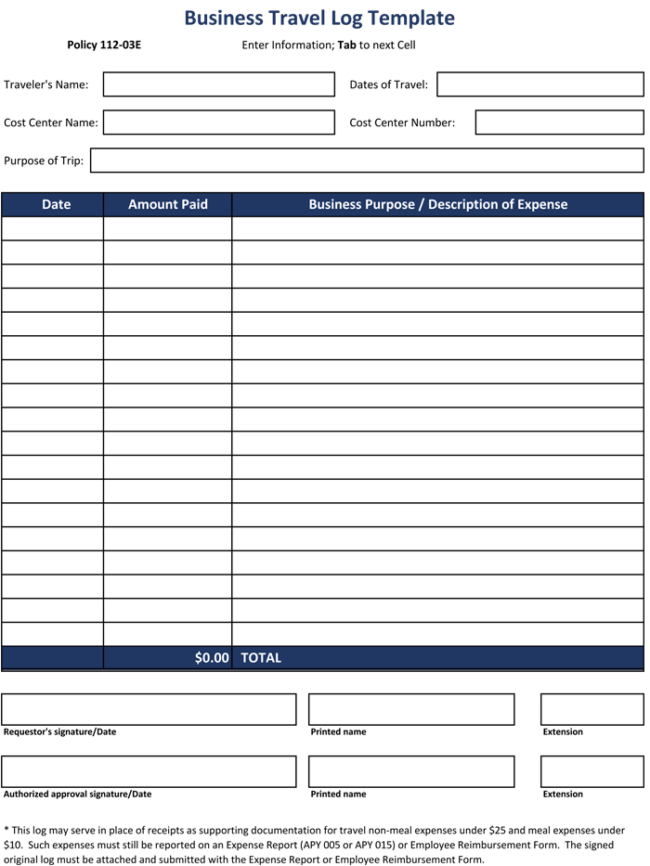Business Travel Log Template for Excel®