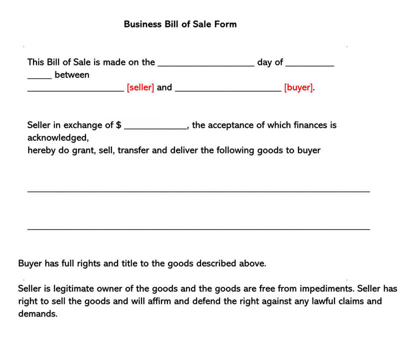 Business bill of Sale Purchase Form
