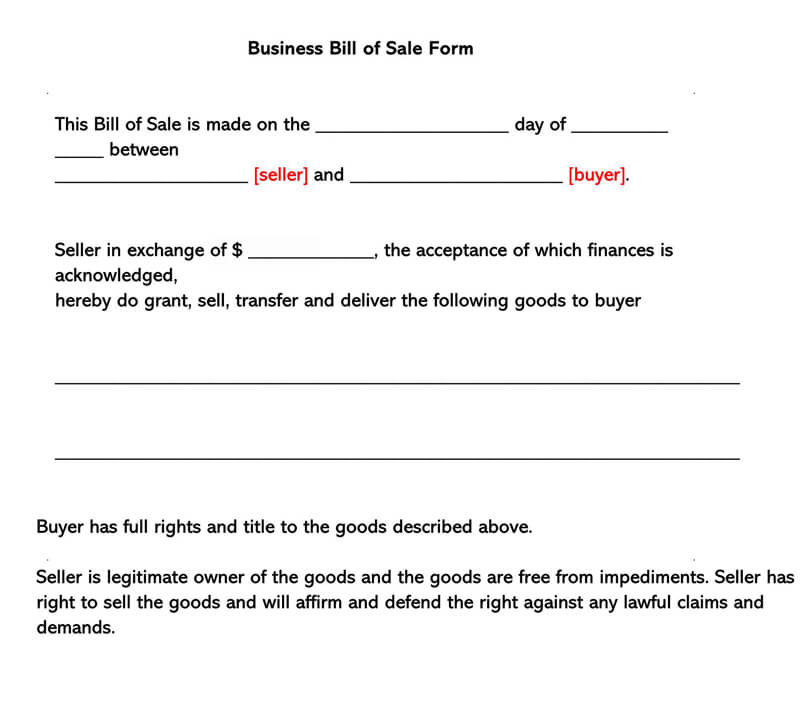 Free Printable Business Bill of Sale Purchase Agreement Template 02 for Word Document