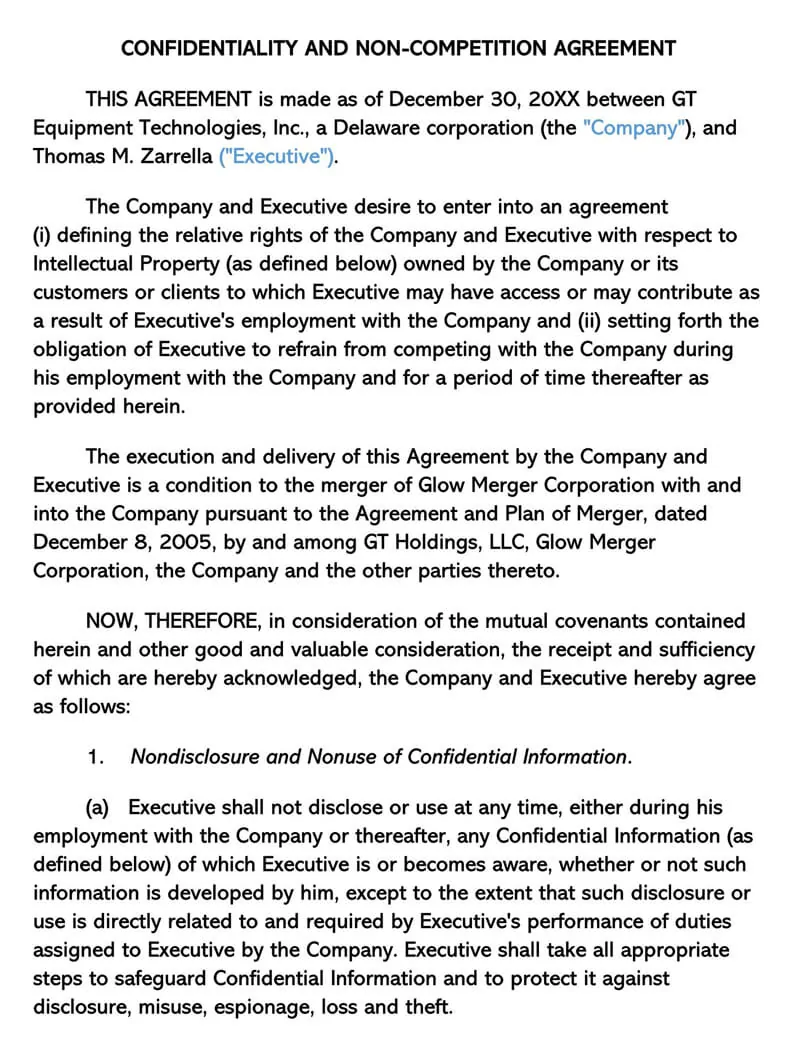 business templates noncompete agreement