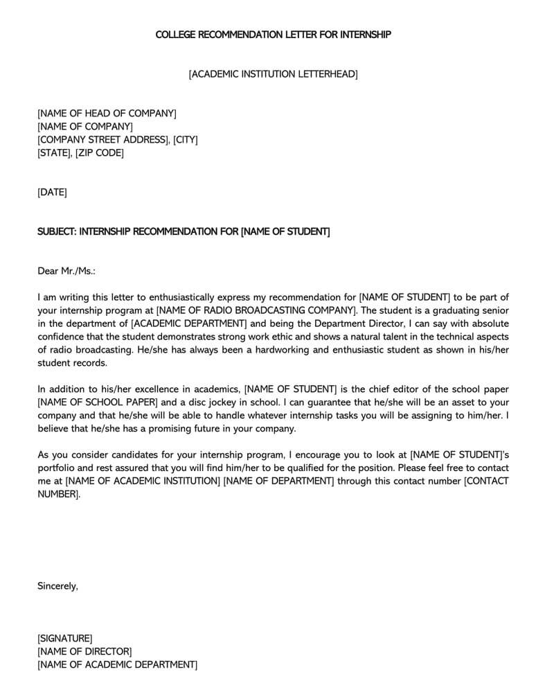 COLLEGE RECOMMENDATION LETTER FOR INTERNSHIP Template