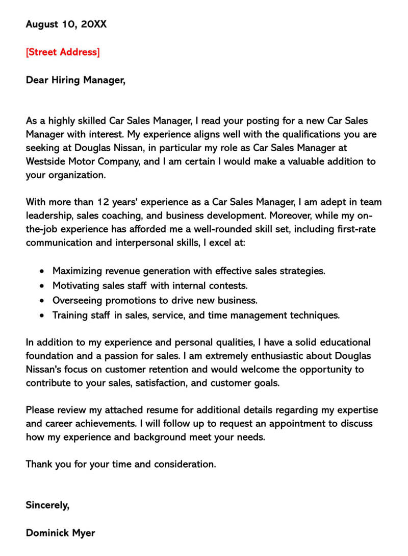 Free Car Sales Cover Letter Sample- Word Format