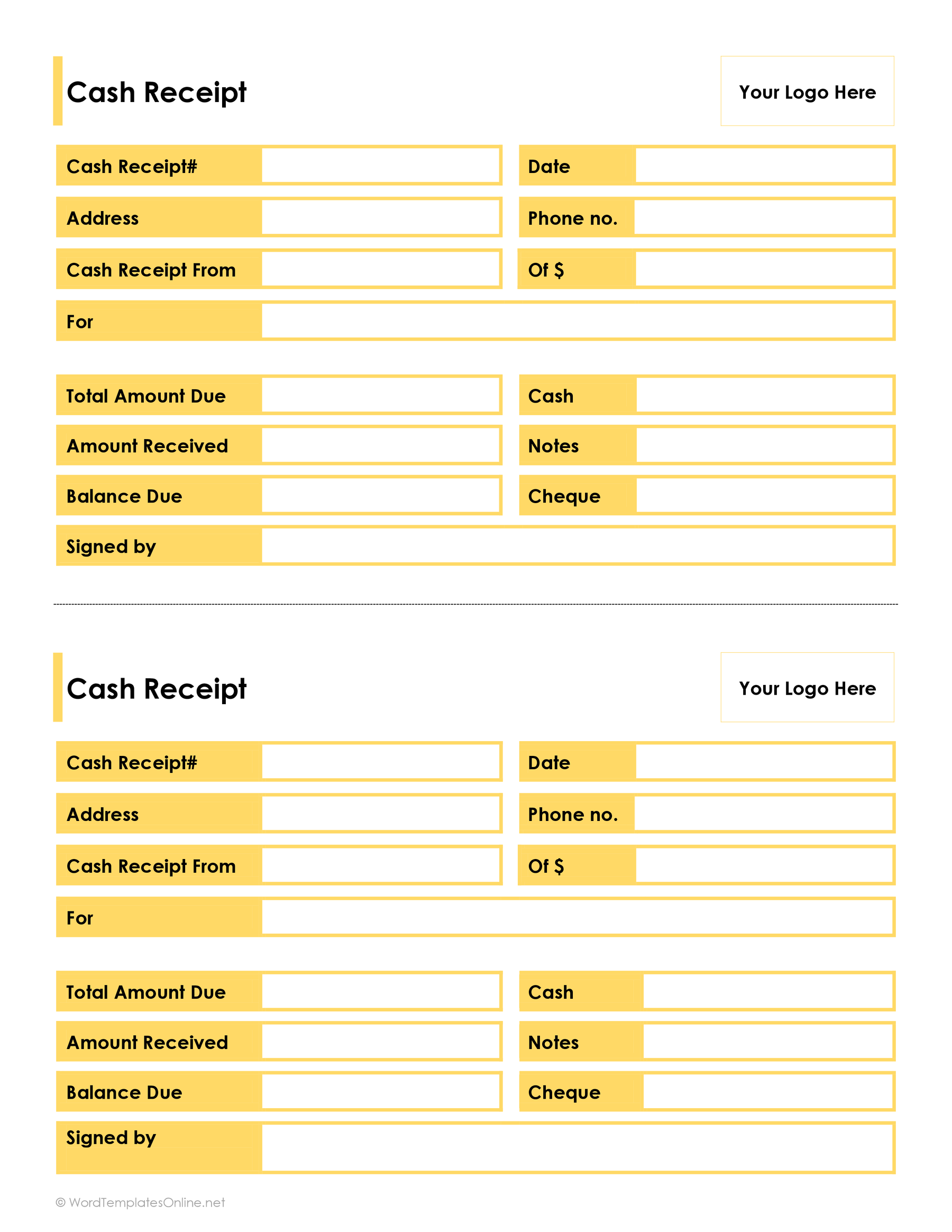 Professional cash receipt template - Word format free download