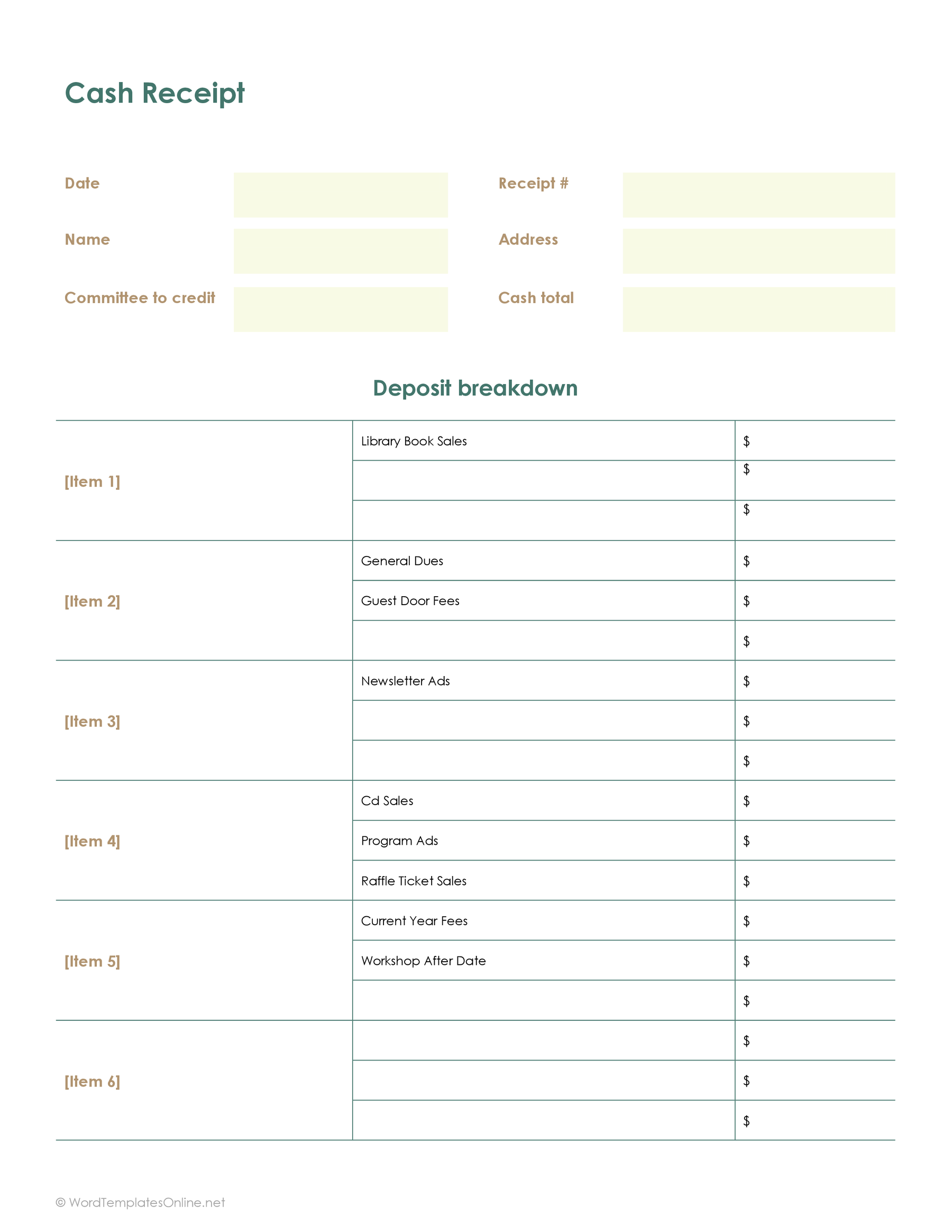 Editable cash receipt template - Word