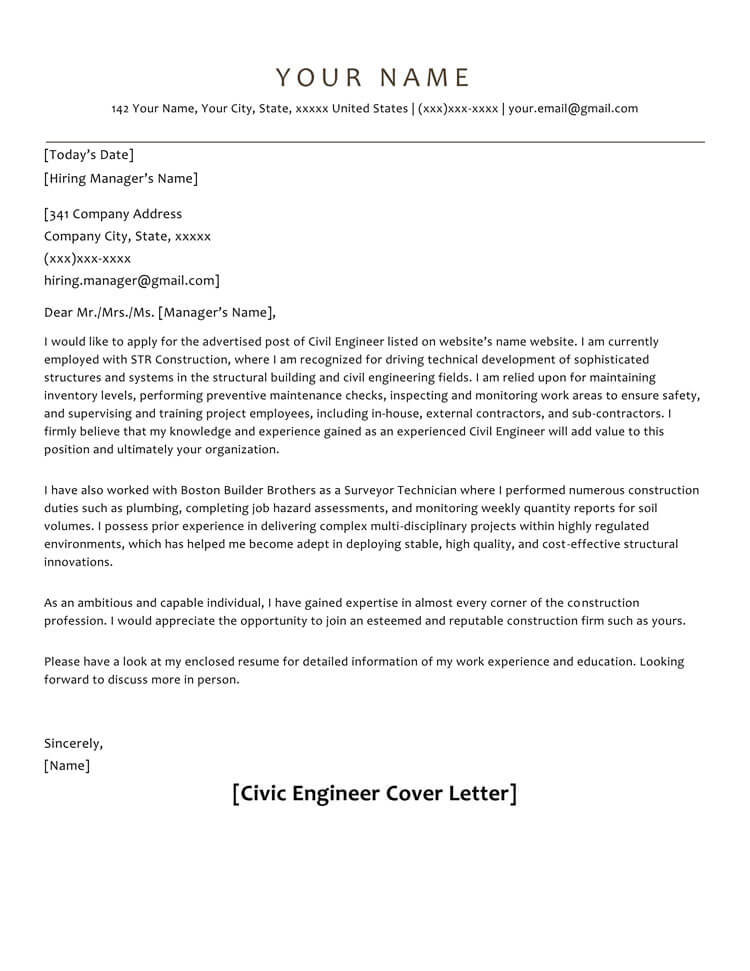 Editable Civil engineering cover letter format