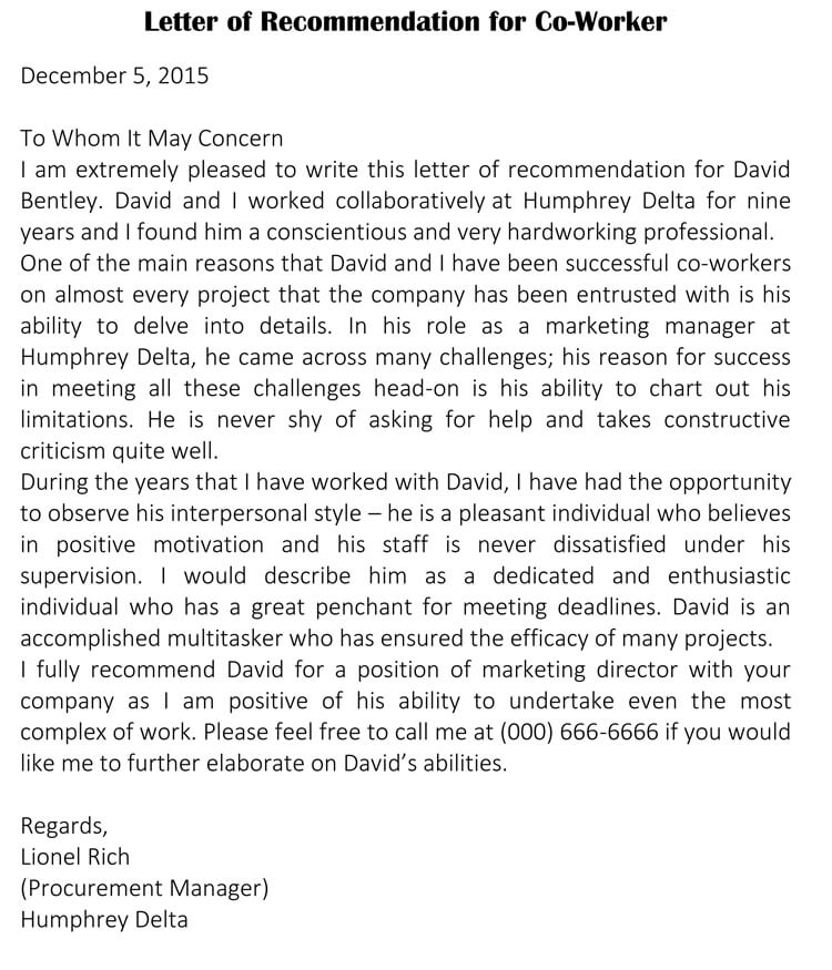 Co Worker Letter Of Recommendation from www.wordtemplatesonline.net