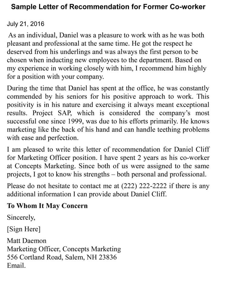 Sample Of Reference Letter For Coworker