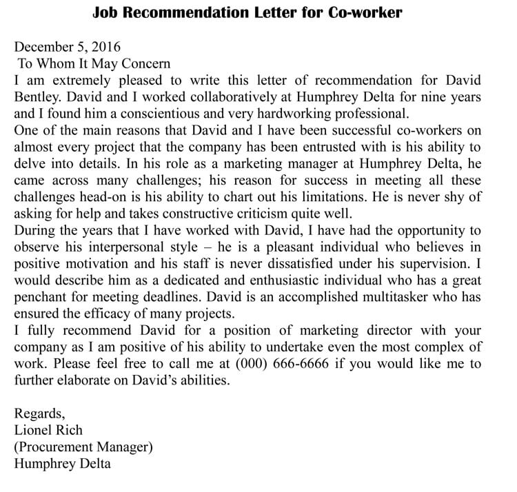 Letter of Recommendation for Co-Worker (18 Sample Letters ...